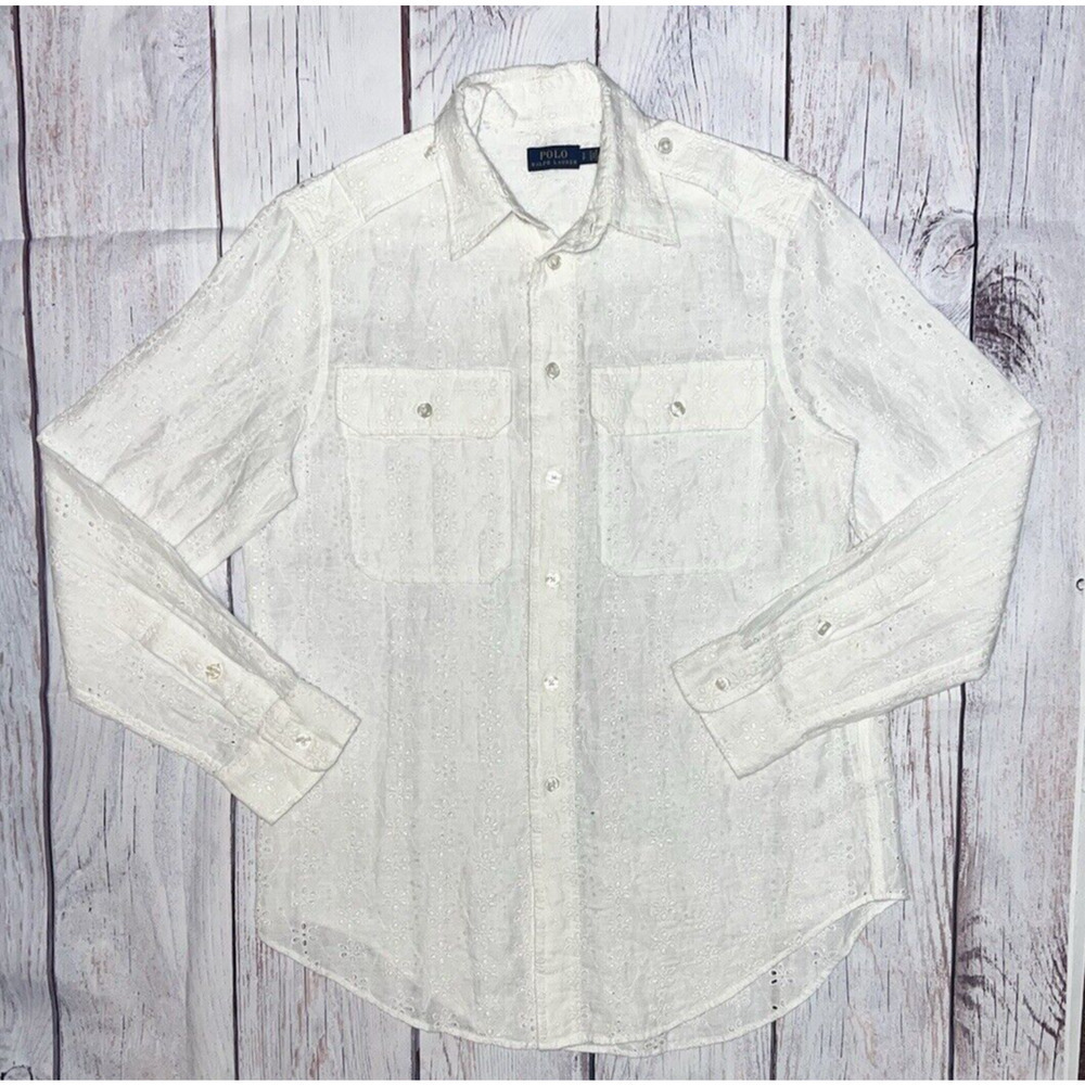 Polo Ralph Lauren Women's White Eyelet Floral Sheer Button Up Top Size SP